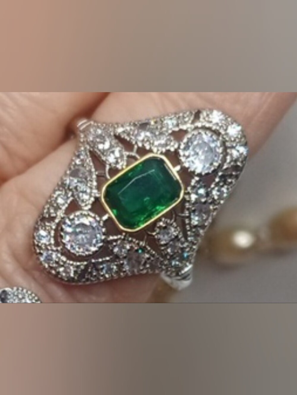 Vintage-Inspired Women’s Green and Clear Gemstone Ring - Unbranded